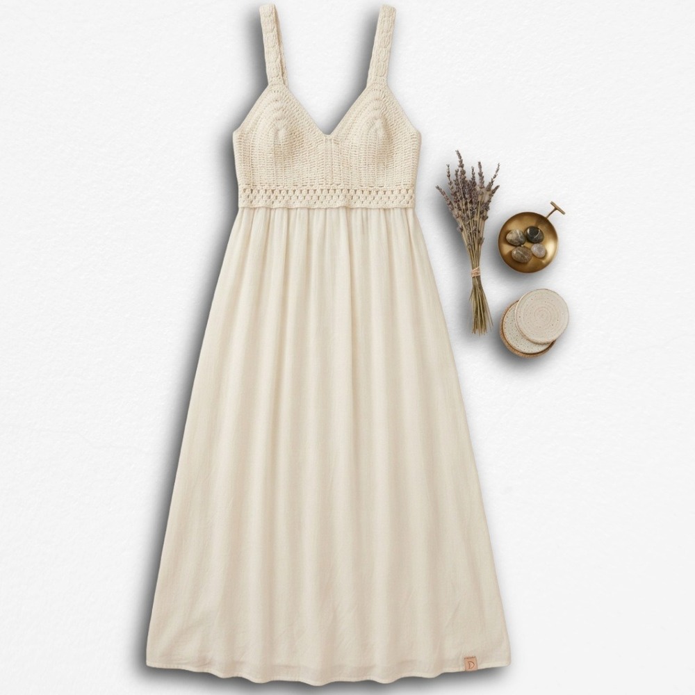 Japan Cream Crochet Knit Bodice Maxi Dress Sleeveless Boho Summer Smocked Back M